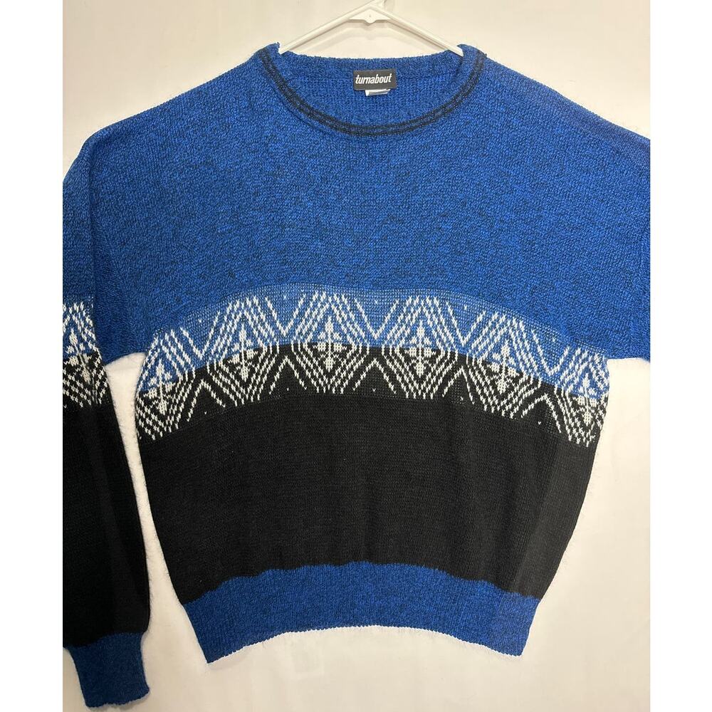 Vintage Y2K Turnabout crew neck multipattern sweater blue, black & white size XL - Picture 3 of 9
